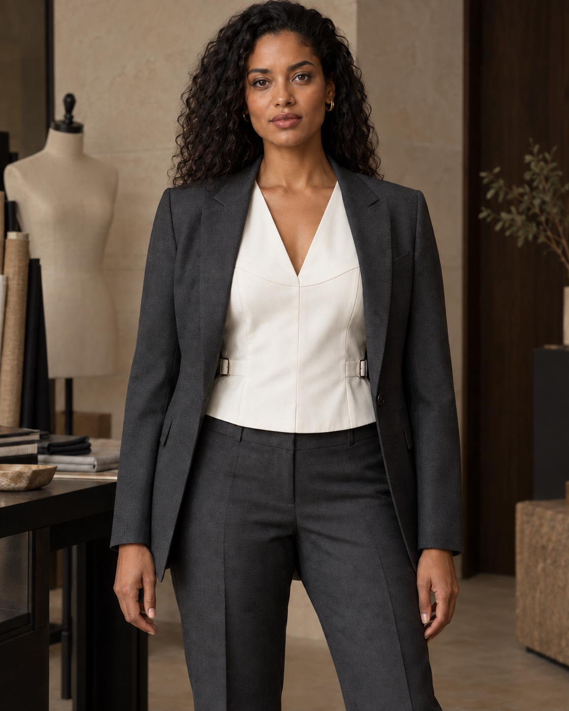Model wearing the ivory cotton poplin Shirae layered under a charcoal jacket