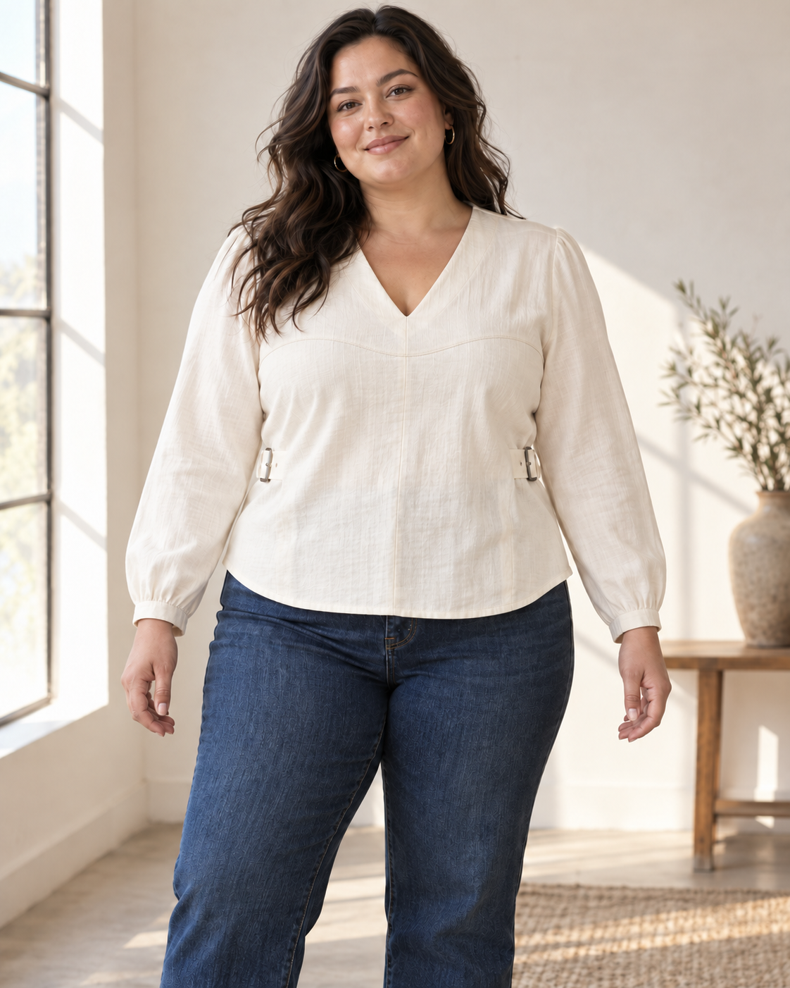 Plus-size model wearing the untucked ivory Shirae with dark denim