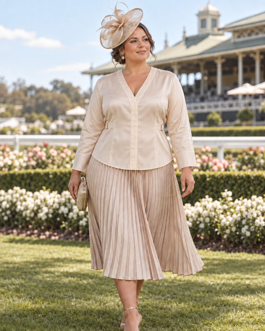 Plus-size model wearing the champagne Shirae with a straight centre front, curved bust seams and one buckle at each side, styled with a pleated skirt and fascinator