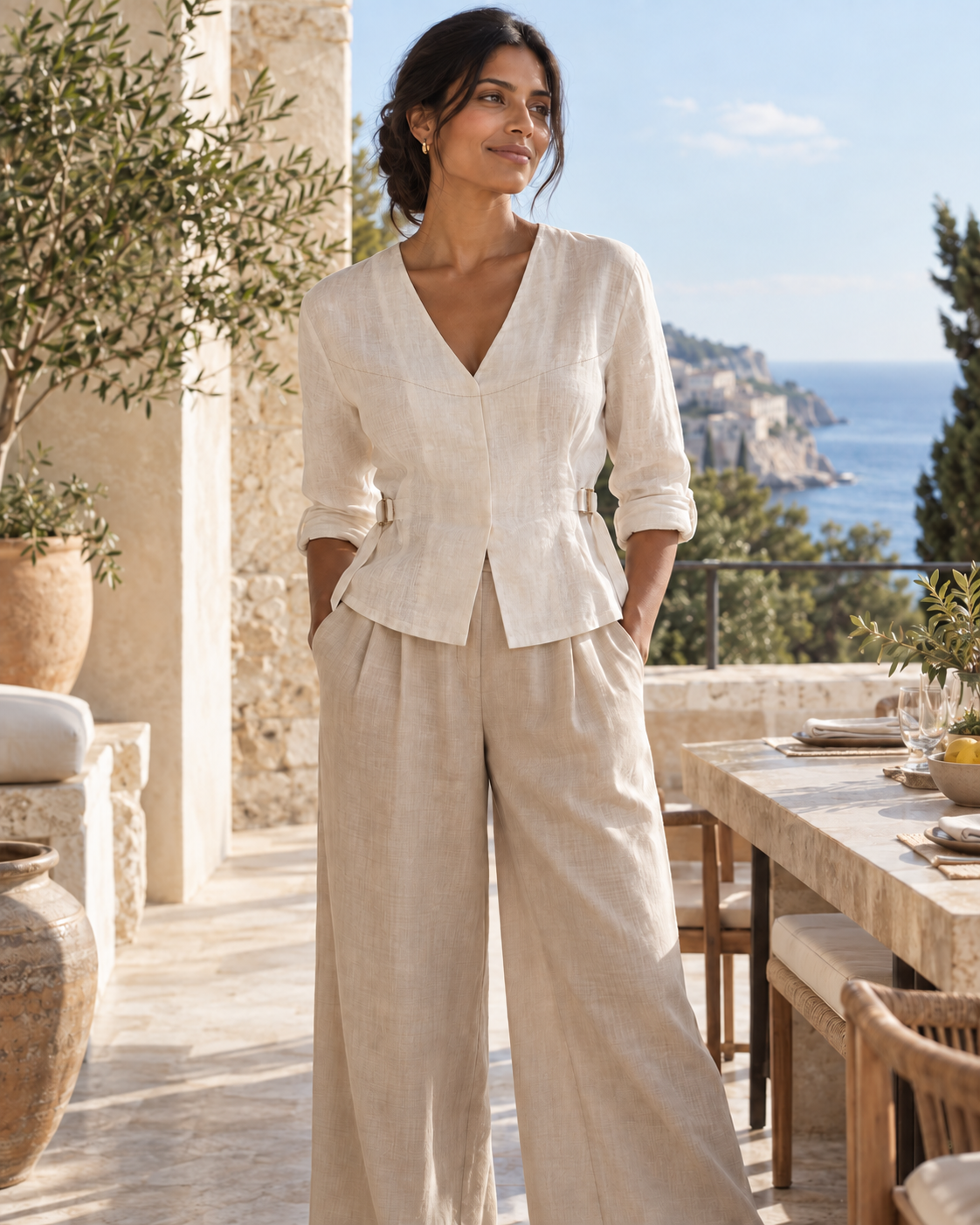 Model in an ivory linen Shirae and flowing neutral trousers on a sunlit terrace