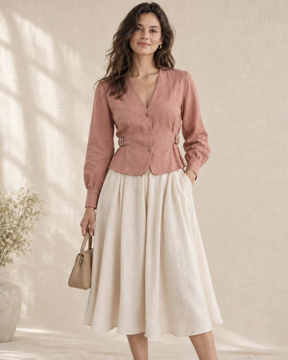 Model wearing the rose Signature Shirae with a flowing cream midi skirt