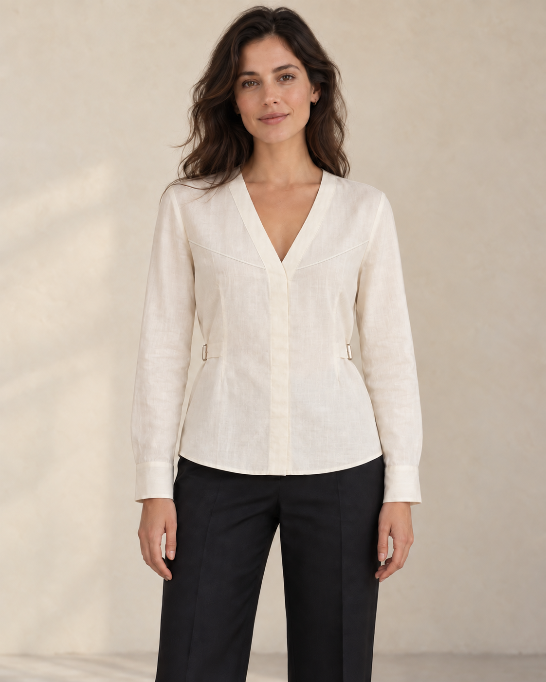 Model wearing the untucked Signature Shirae with the hem visible